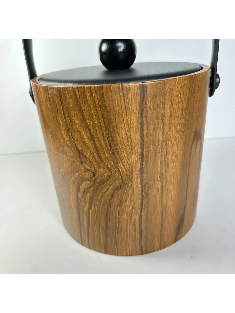 Vintage 1960s Ice Bucket Brown Vinyl Wood Tones Kraftware
